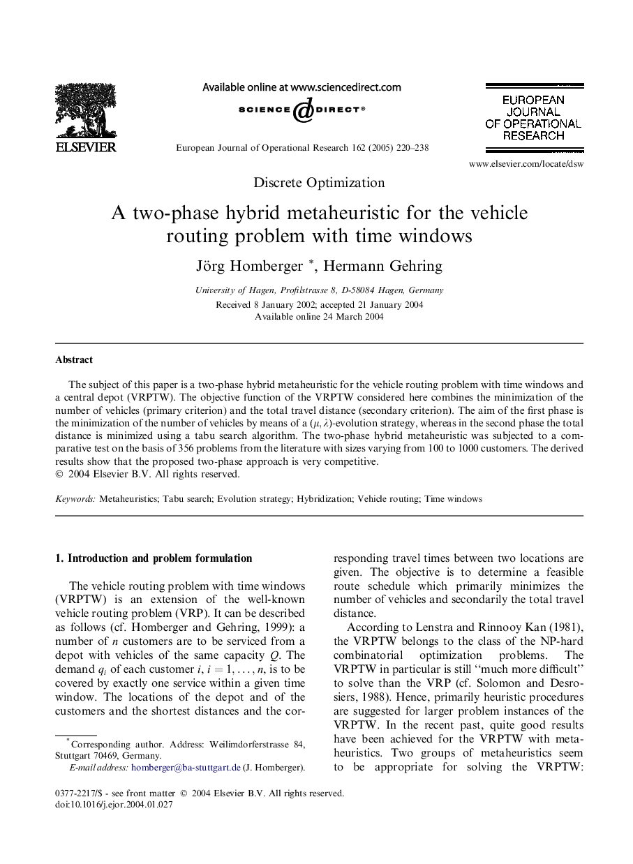 A two-phase hybrid metaheuristic for the vehicle routing problem with time windows