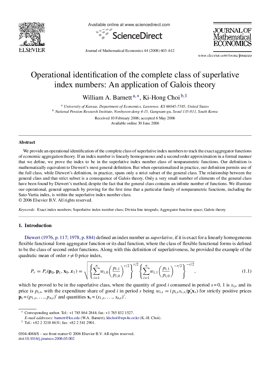 Operational identification of the complete class of superlative index numbers: An application of Galois theory