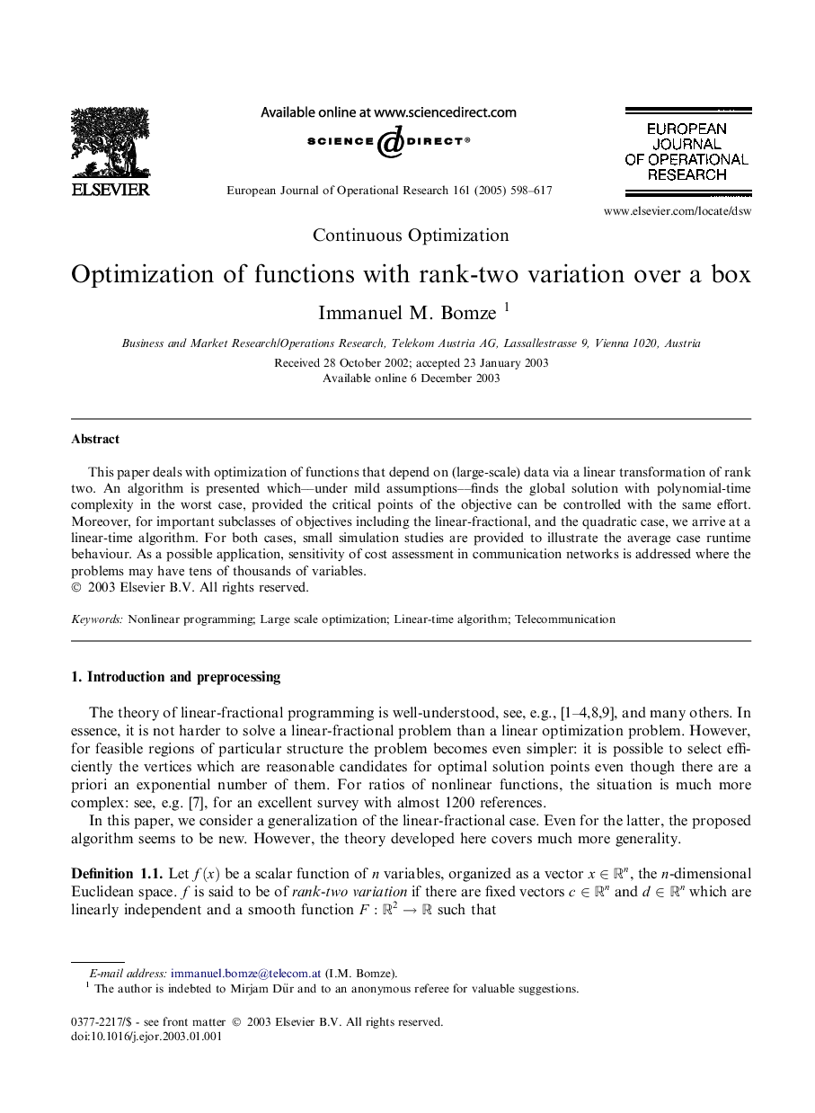 Optimization of functions with rank-two variation over a box