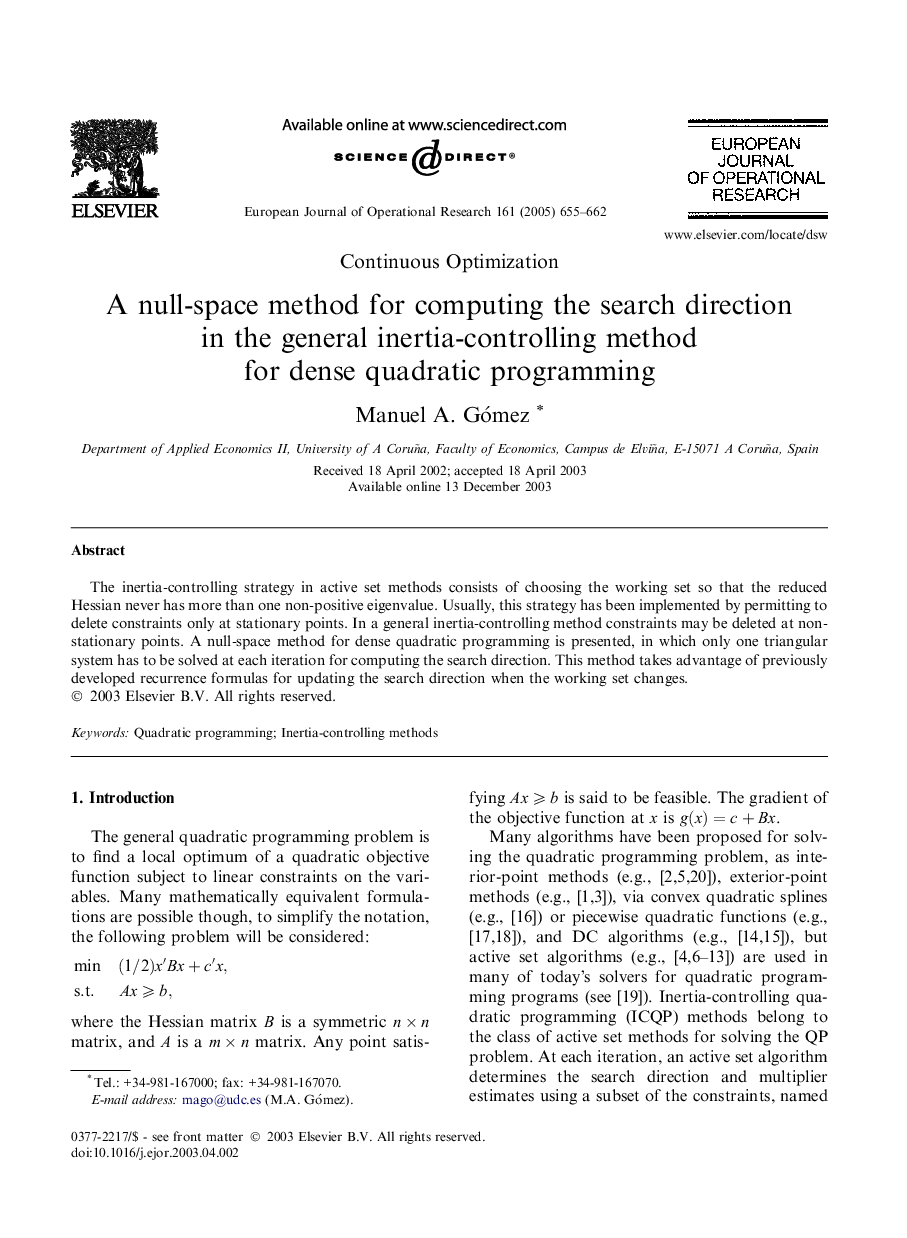 A null-space method for computing the search direction in the general inertia-controlling method for dense quadratic programming