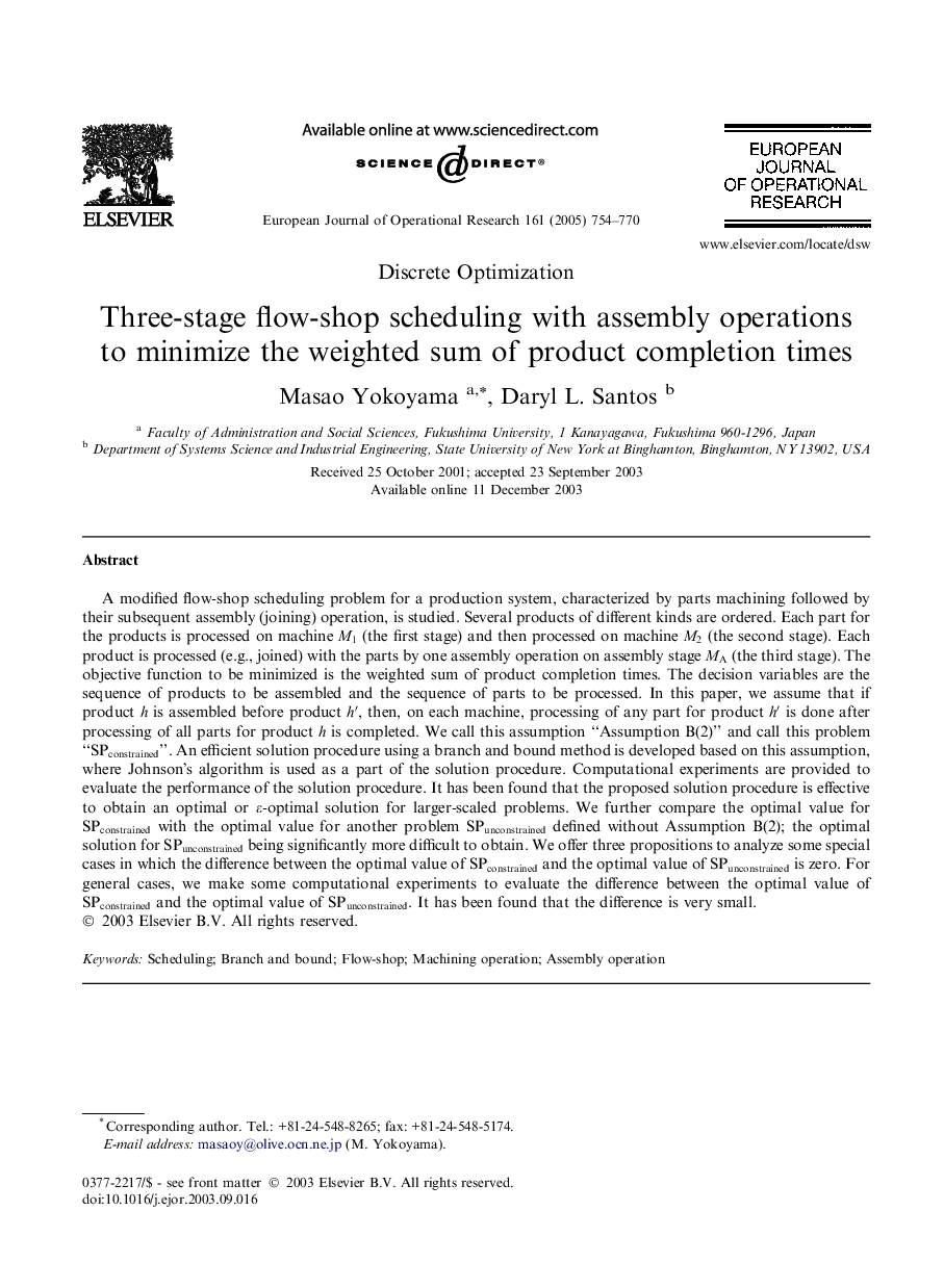 Three-stage flow-shop scheduling with assembly operations to minimize the weighted sum of product completion times