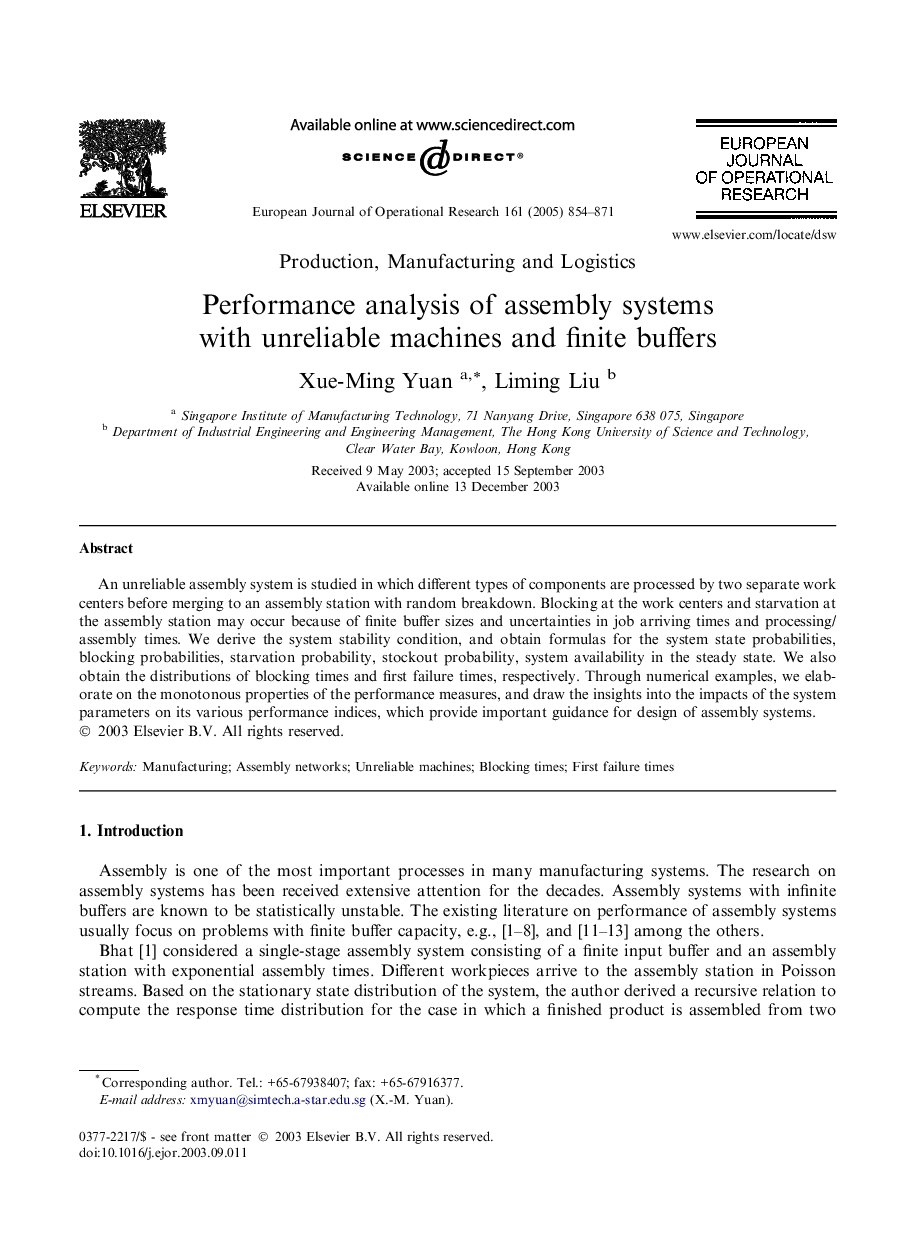 Performance analysis of assembly systems with unreliable machines and finite buffers