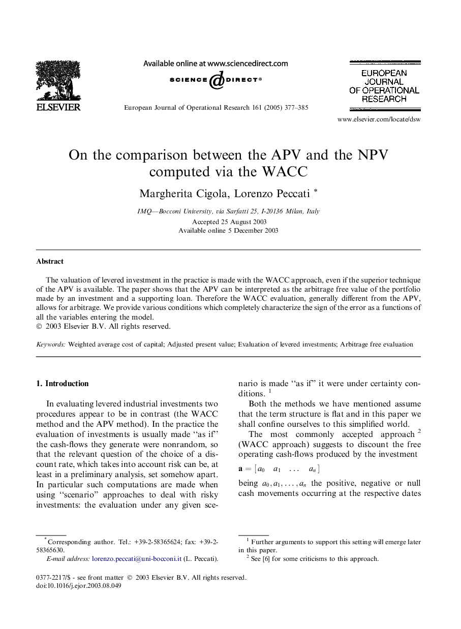 On the comparison between the APV and the NPV computed via the WACC