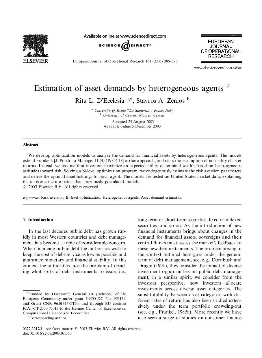 Estimation of asset demands by heterogeneous agents