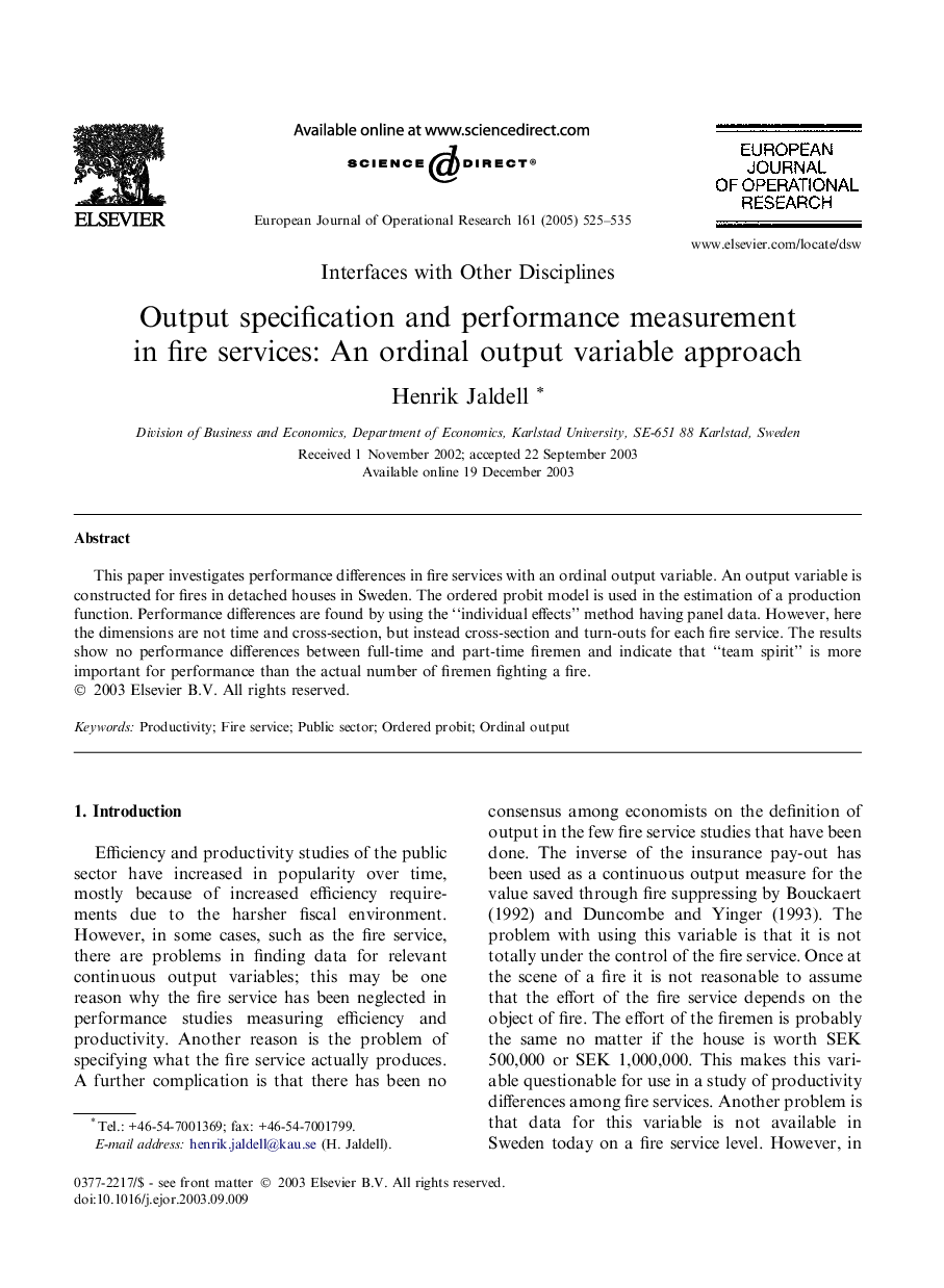 Output specification and performance measurement in fire services: An ordinal output variable approach