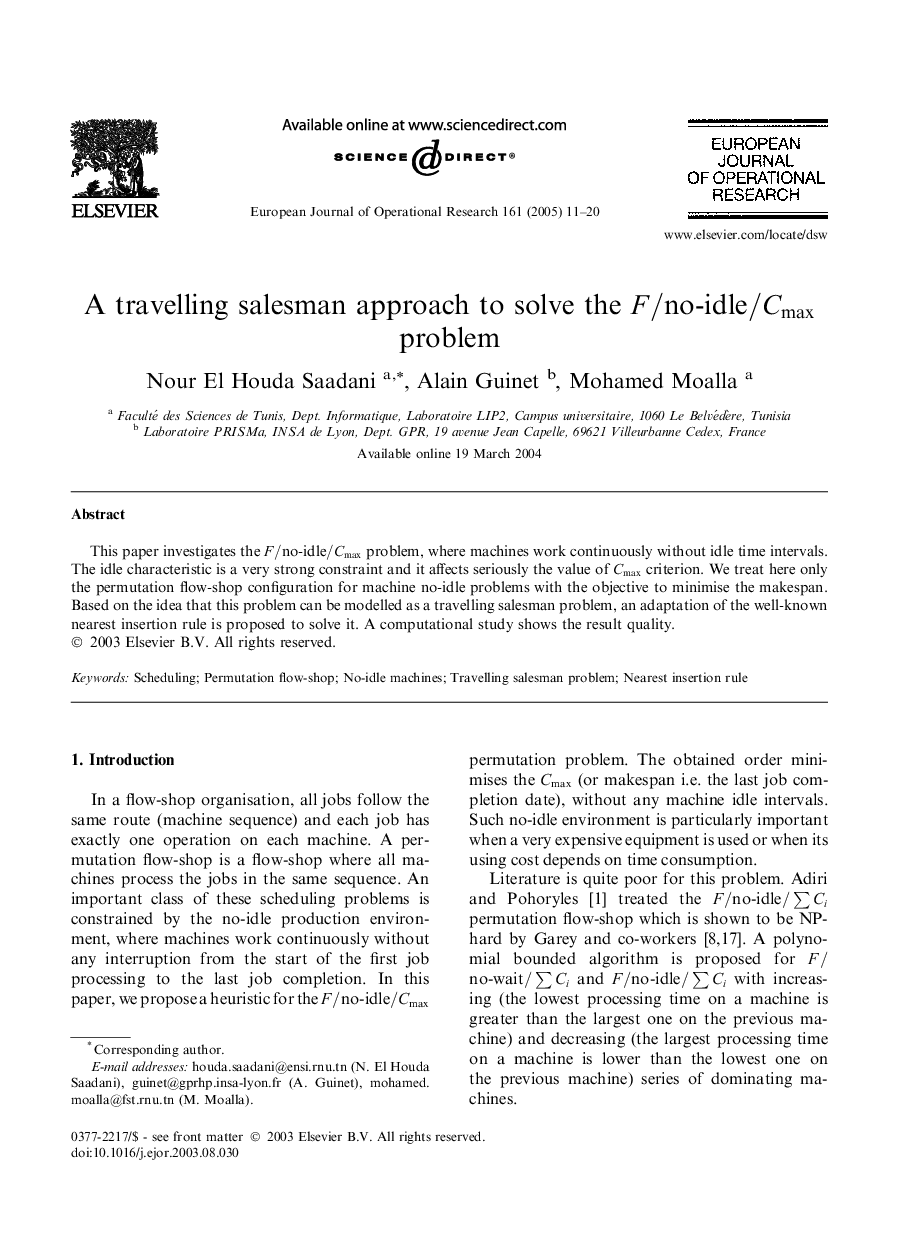 A travelling salesman approach to solve the F/no-idle/Cmax problem