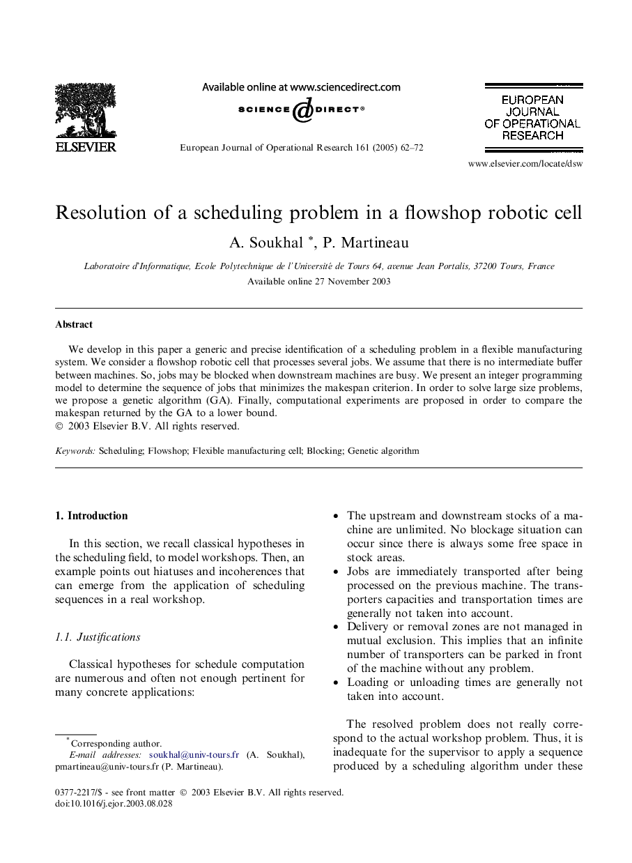 Resolution of a scheduling problem in a flowshop robotic cell