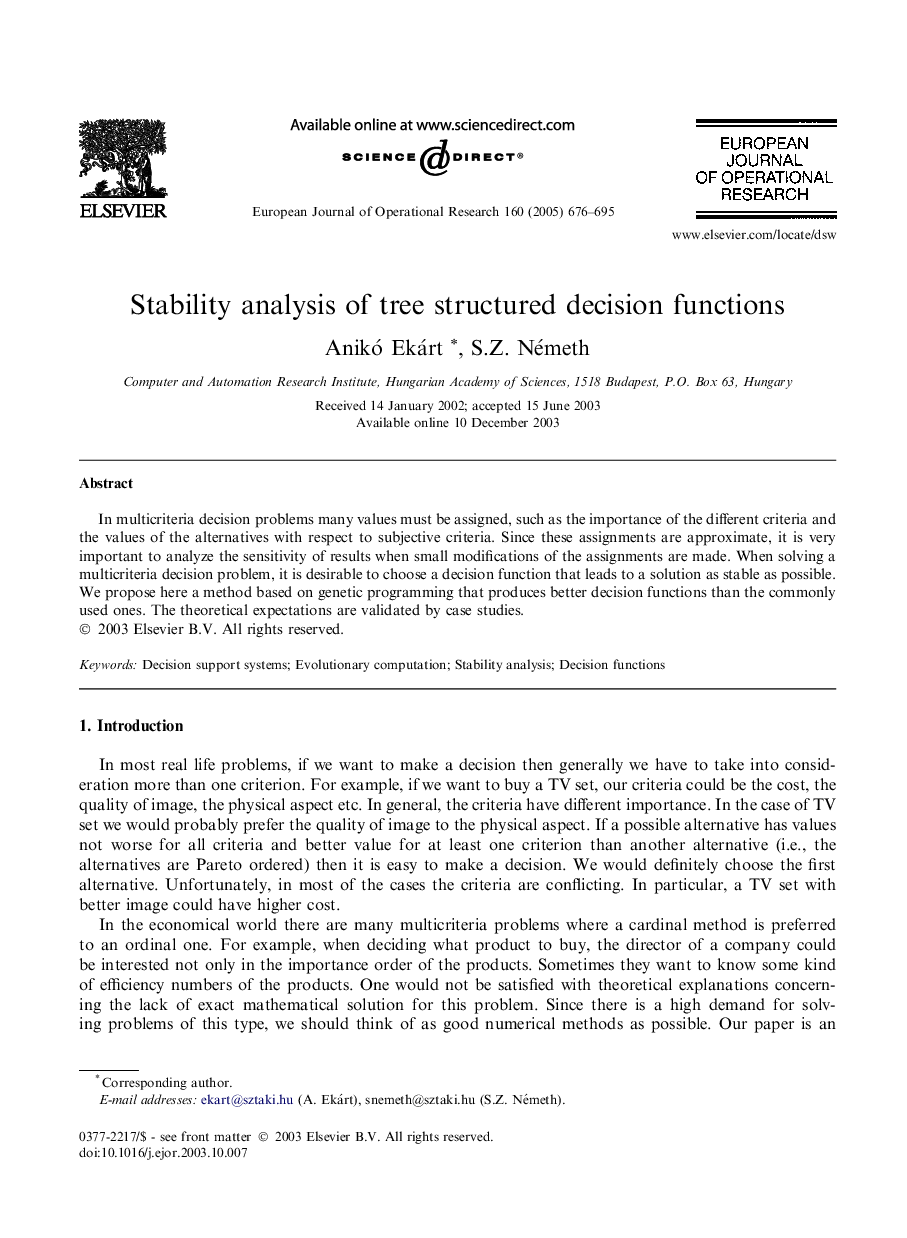 Stability analysis of tree structured decision functions