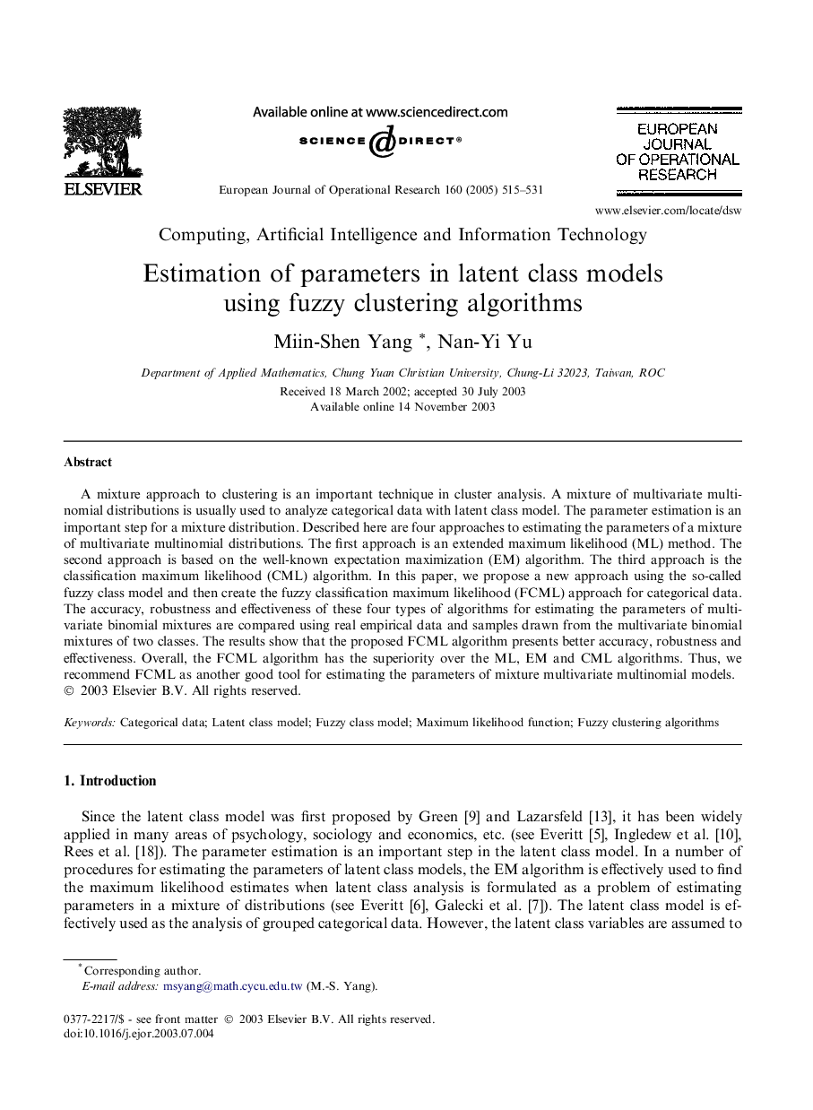 Estimation of parameters in latent class models using fuzzy clustering algorithms