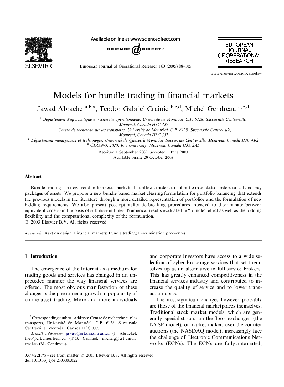 Models for bundle trading in financial markets