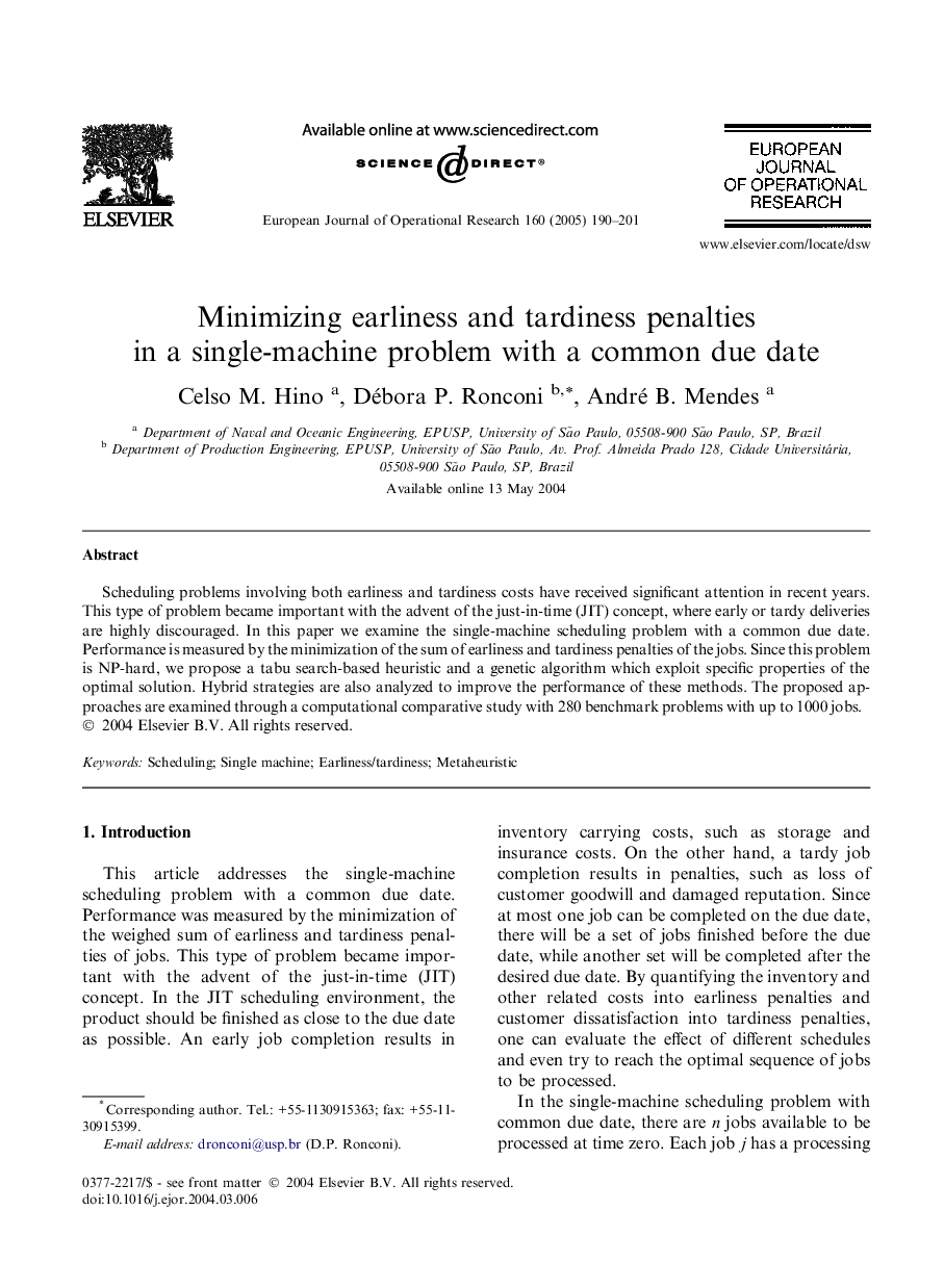 Minimizing earliness and tardiness penalties in a single-machine problem with a common due date