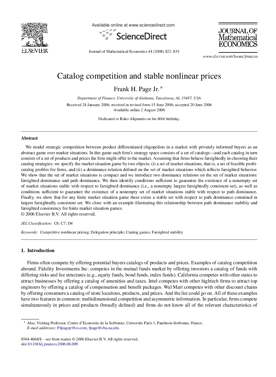 عکس صفحه اول مقاله: Catalog competition and stable nonlinear prices Catalog competition and stable nonlinear prices