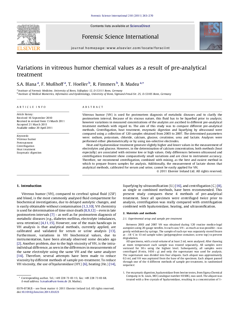 Variations in vitreous humor chemical values as a result of pre-analytical treatment