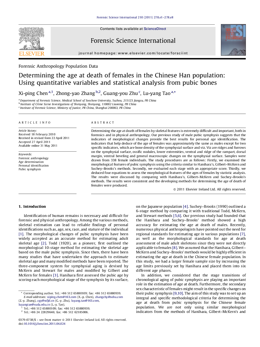 Determining the age at death of females in the Chinese Han population: Using quantitative variables and statistical analysis from pubic bones