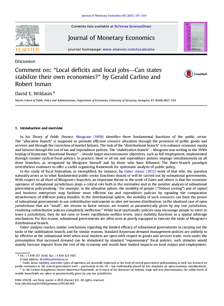 Comment on: “Local deficits and local jobs-Can states stabilize their own economies?” by Gerald Carlino and Robert Inman