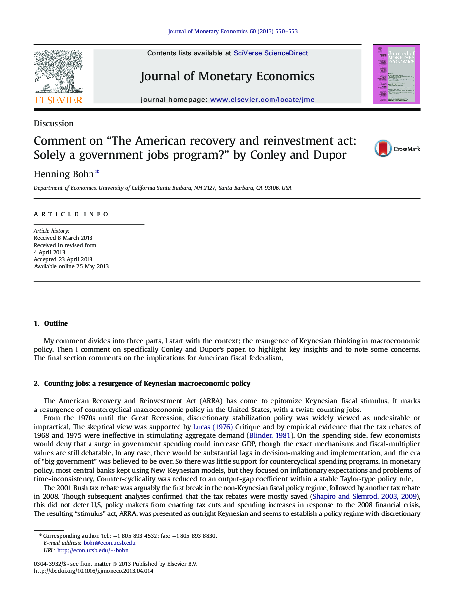 Comment on “The American recovery and reinvestment act: Solely a government jobs program?” by Conley and Dupor