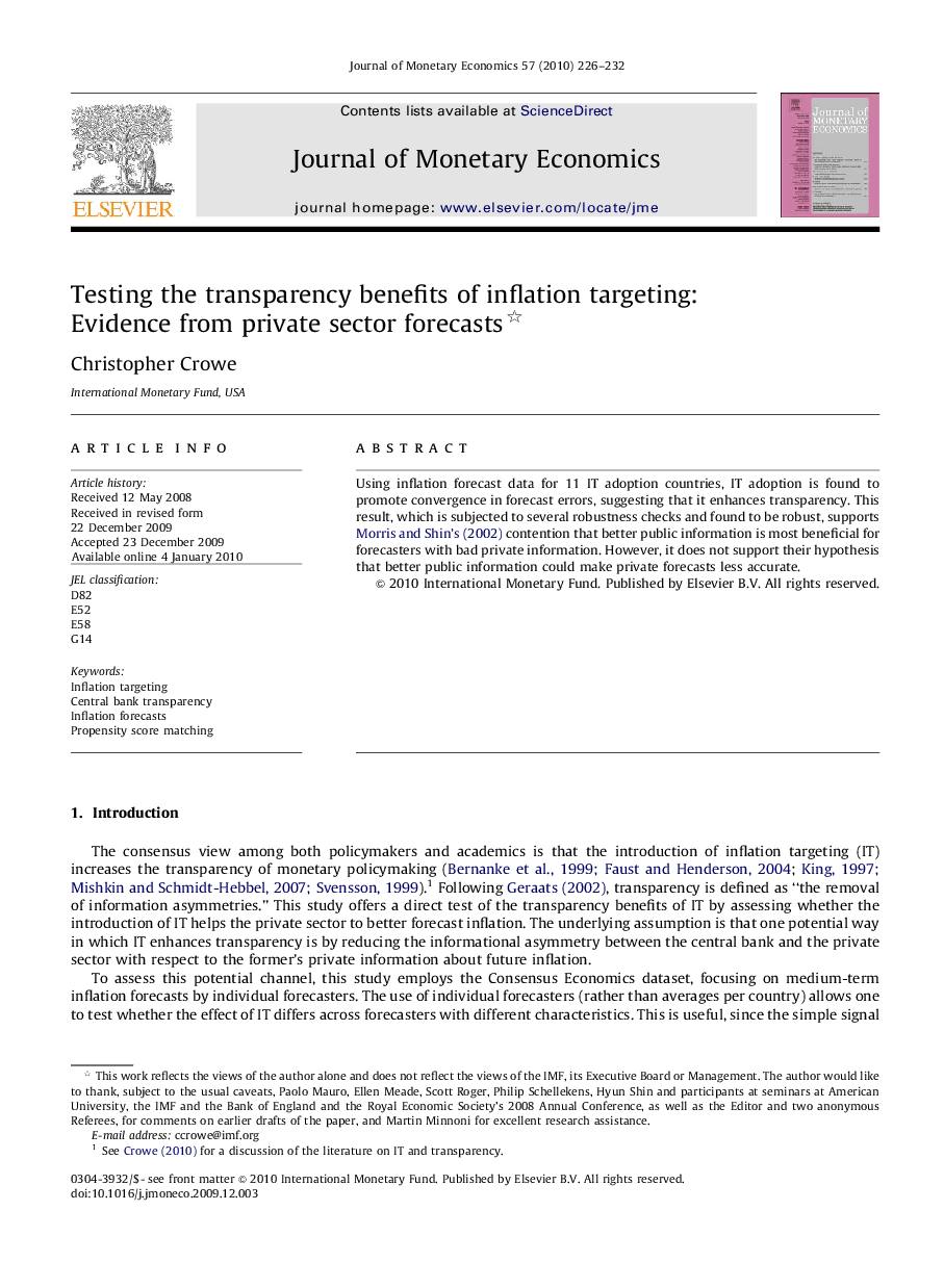 Testing the transparency benefits of inflation targeting: Evidence from private sector forecasts