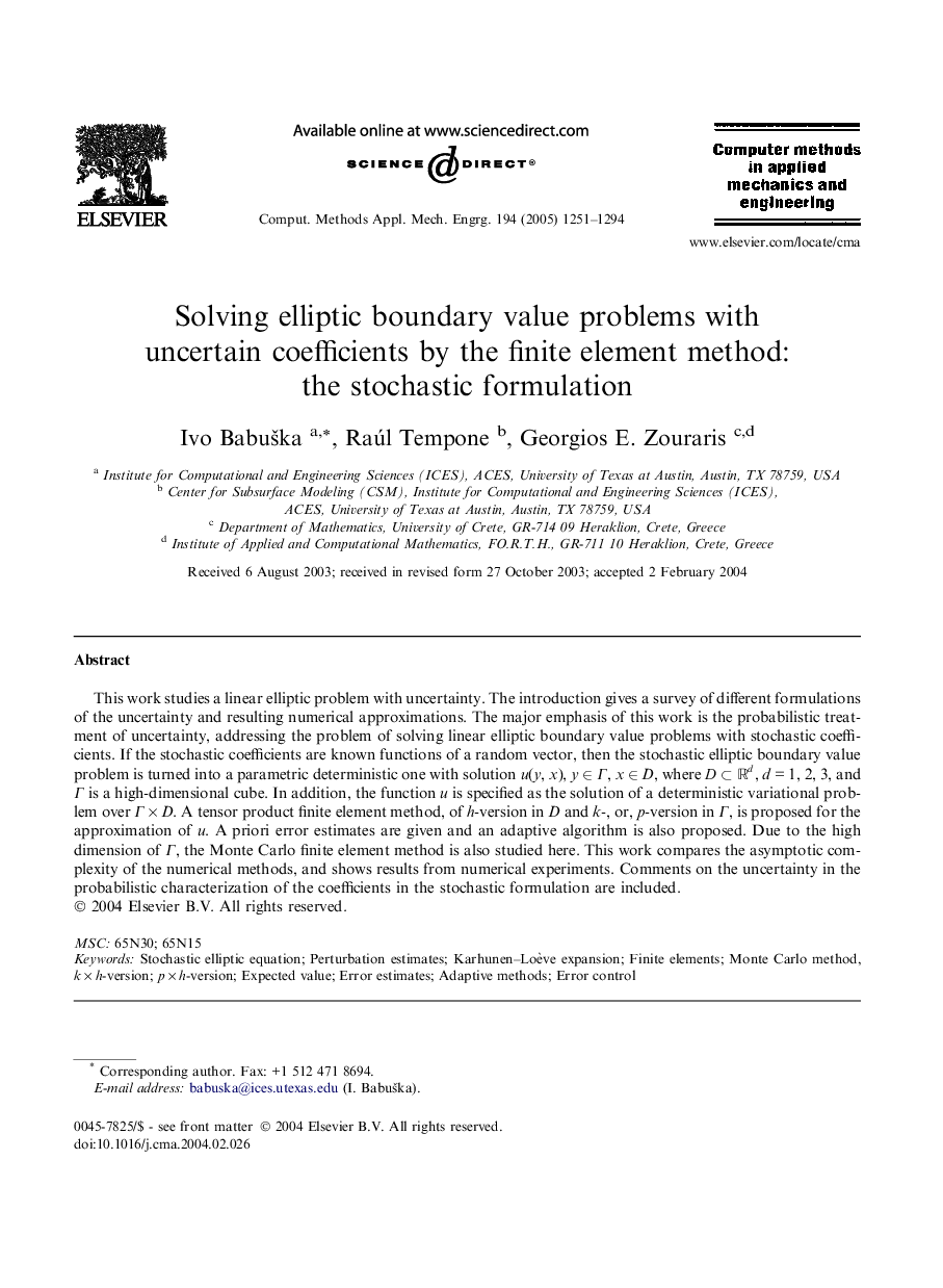 Solving elliptic boundary value problems with uncertain coefficients by the finite element method: the stochastic formulation