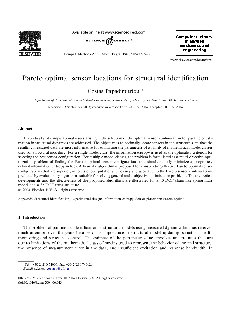 Pareto optimal sensor locations for structural identification