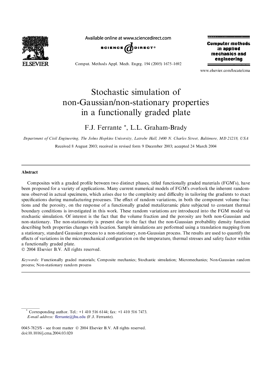 Stochastic simulation of non-Gaussian/non-stationary properties in a functionally graded plate