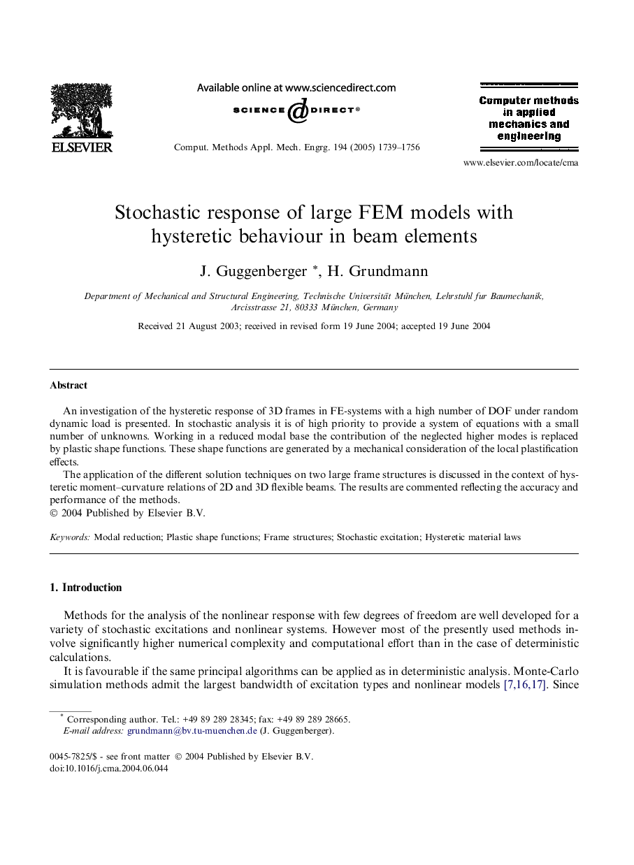 Stochastic response of large FEM models with hysteretic behaviour in beam elements