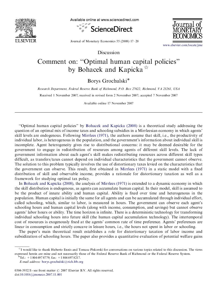 Comment on: “Optimal human capital policies” by Bohacek and Kapicka
