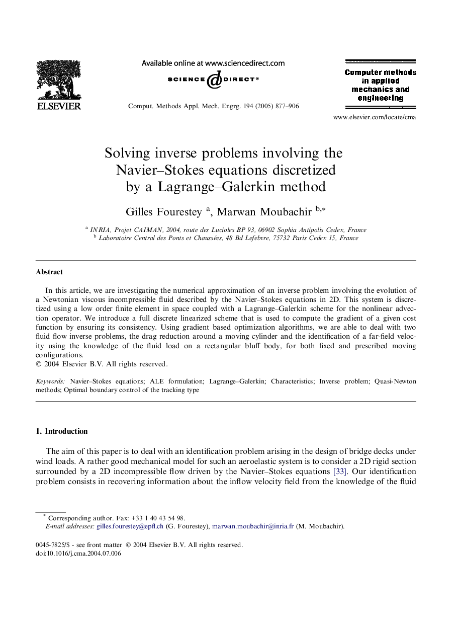 Solving inverse problems involving the Navier-Stokes equations discretized by a Lagrange-Galerkin method