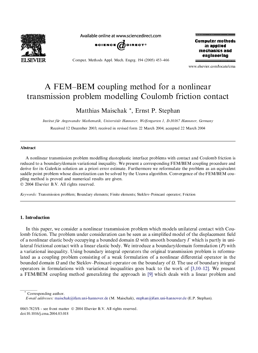 A FEM-BEM coupling method for a nonlinear transmission problem modelling Coulomb friction contact