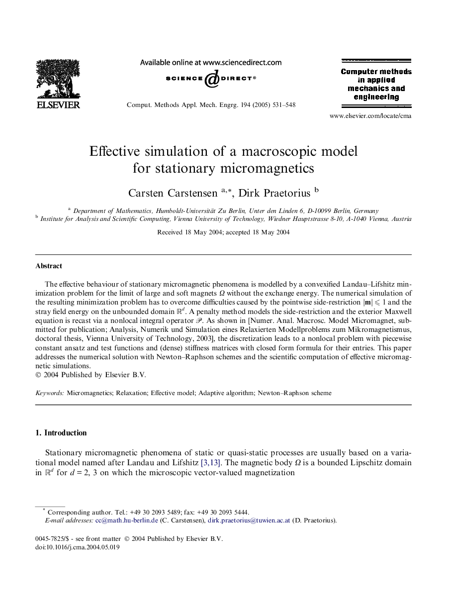 Effective simulation of a macroscopic model for stationary micromagnetics