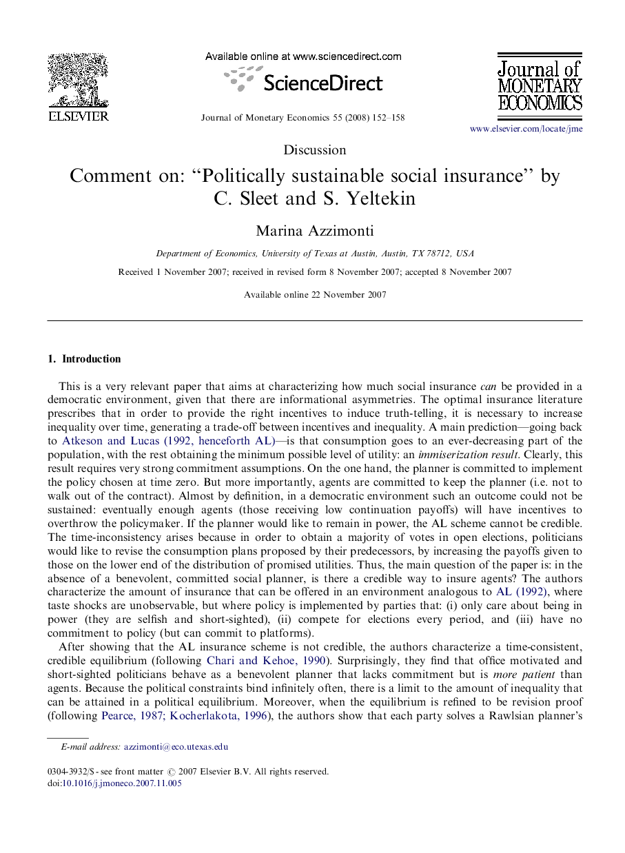 Comment on: “Politically sustainable social insurance” by C. Sleet and S. Yeltekin