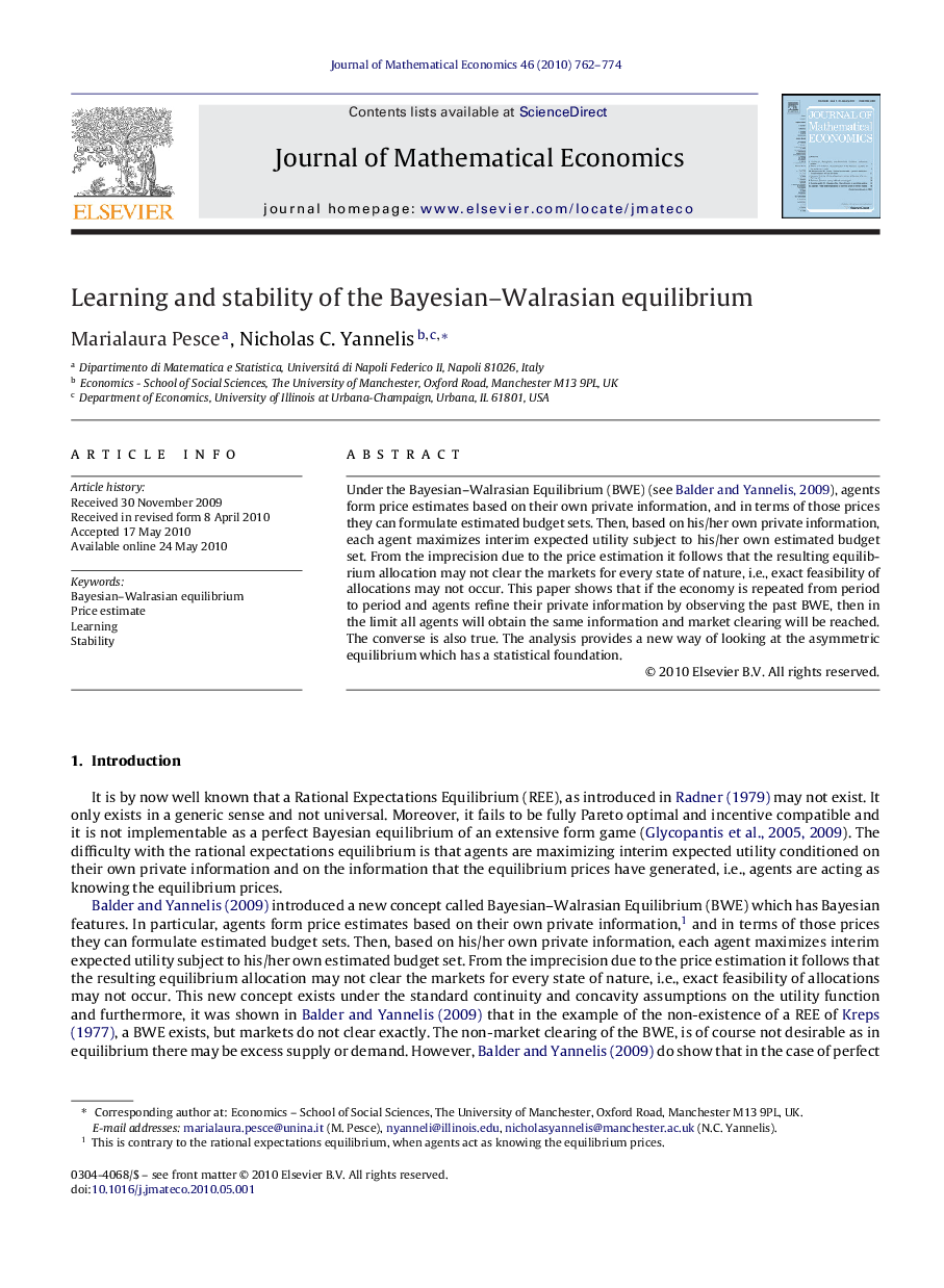 Learning and stability of the Bayesian-Walrasian equilibrium