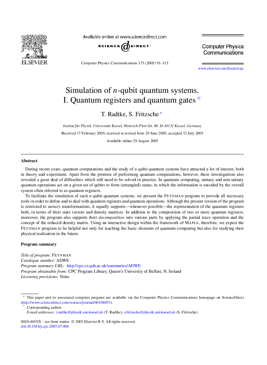 Simulation of n-qubit quantum systems. I. Quantum registers and quantum gates