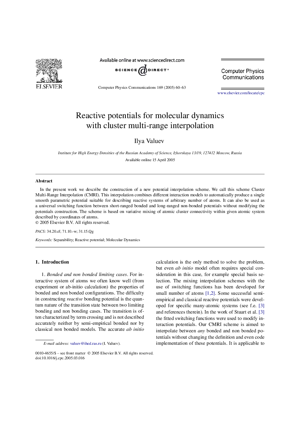 Reactive potentials for molecular dynamics with cluster multi-range interpolation