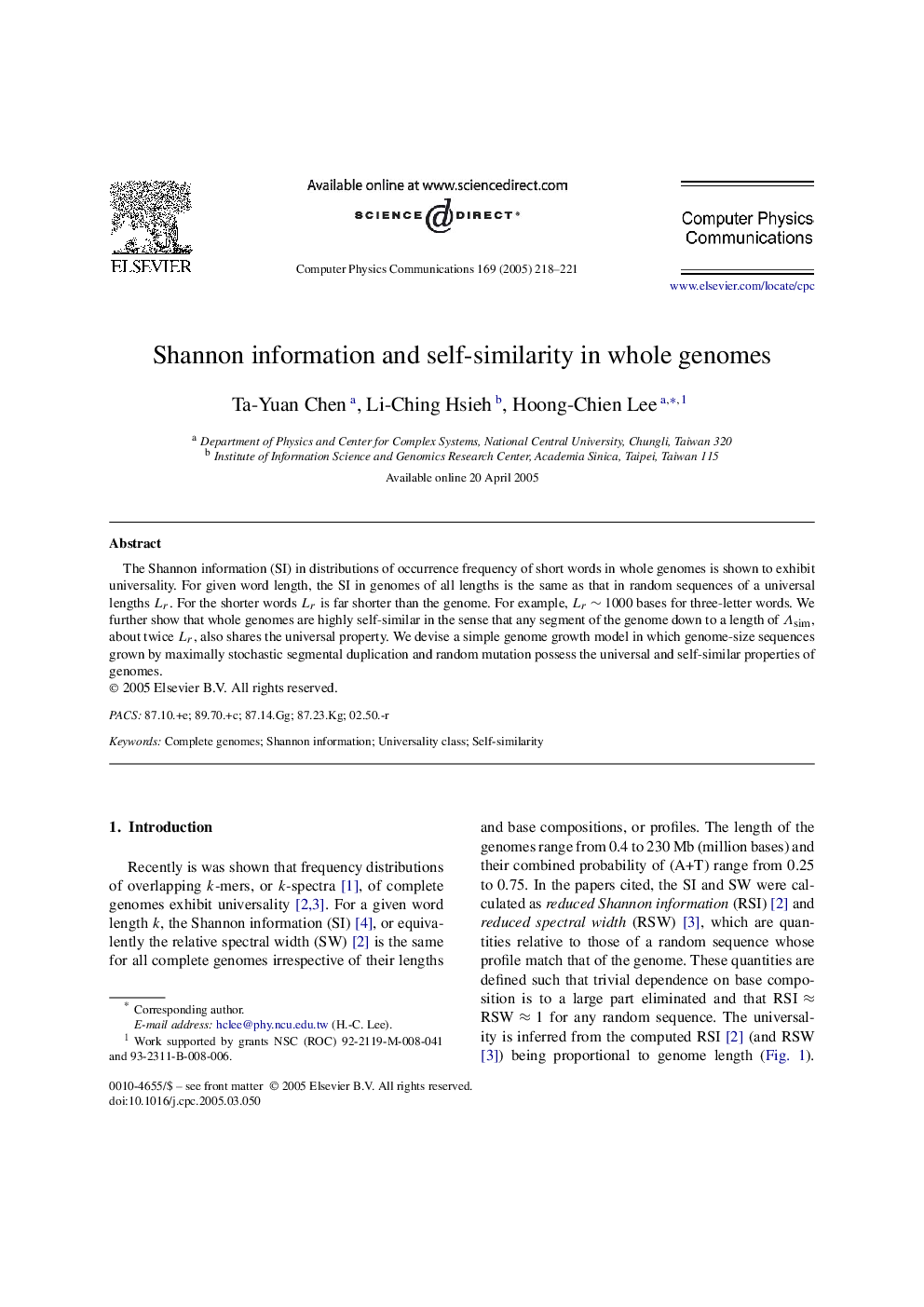 Shannon information and self-similarity in whole genomes