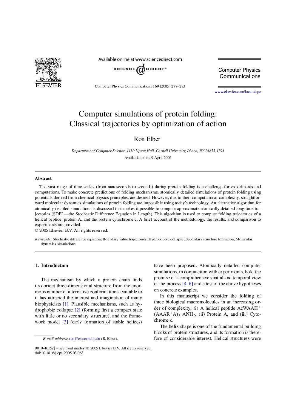 Computer simulations of protein folding: Classical trajectories by optimization of action