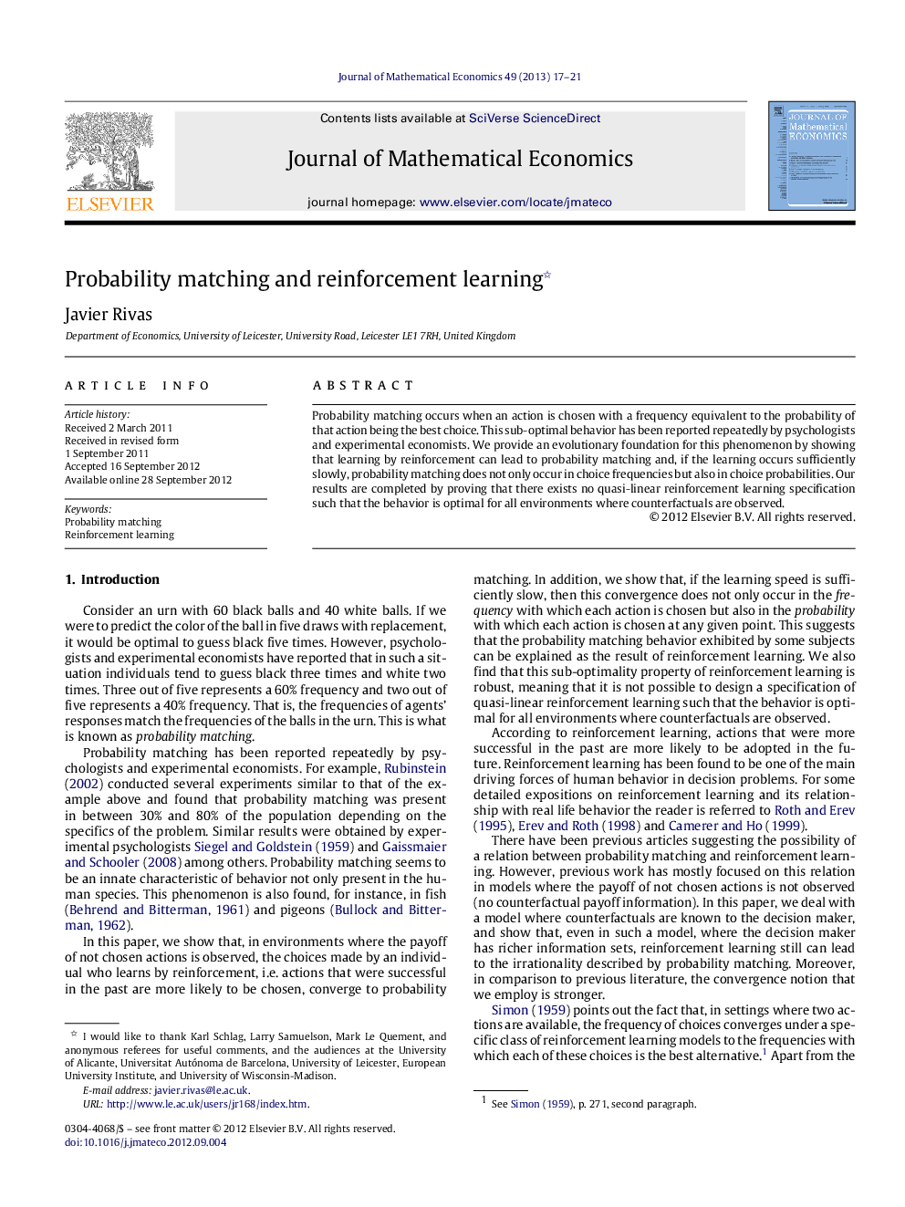 Probability matching and reinforcement learning