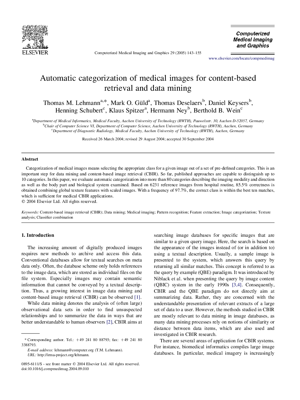 Automatic categorization of medical images for content-based retrieval and data mining