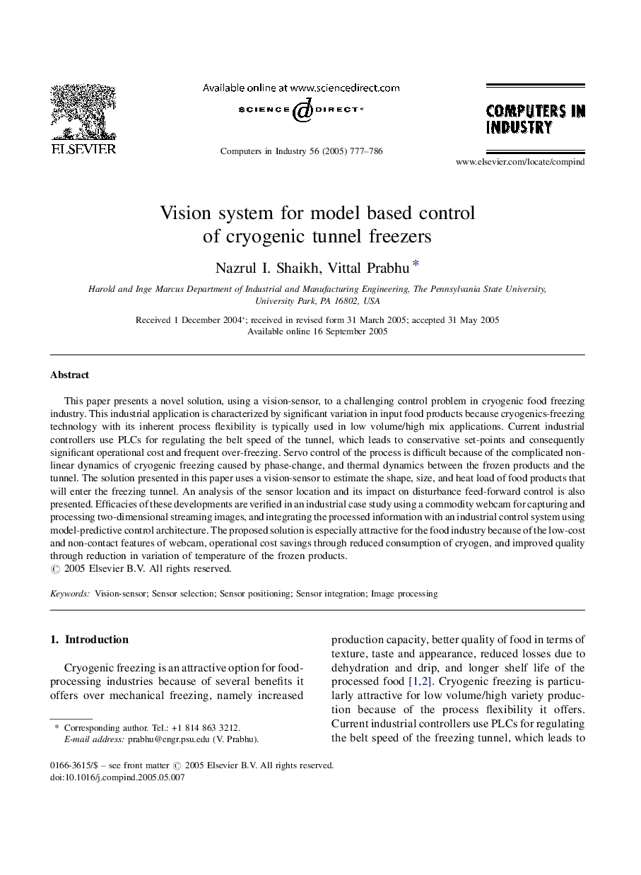 Vision system for model based control of cryogenic tunnel freezers