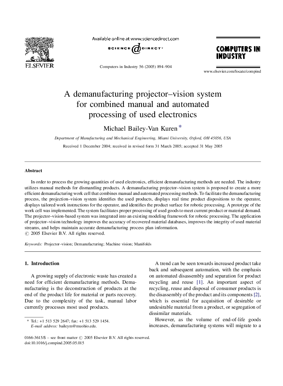 A demanufacturing projector-vision system for combined manual and automated processing of used electronics