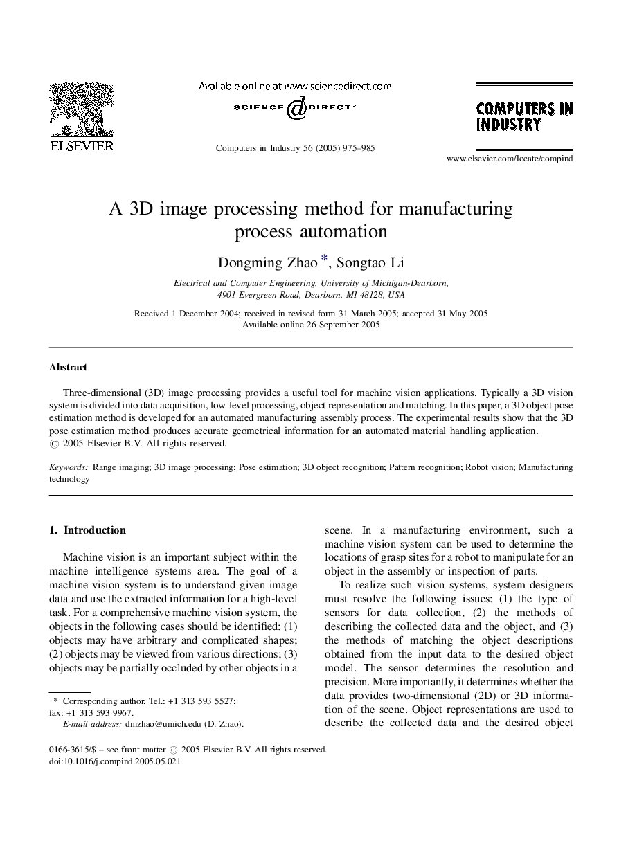 A 3D image processing method for manufacturing process automation