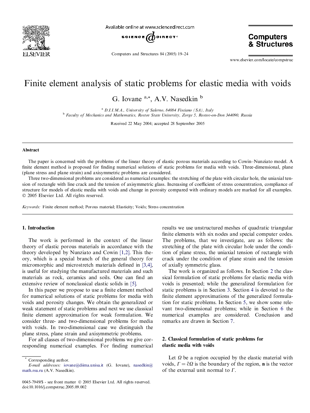 Finite element analysis of static problems for elastic media with voids