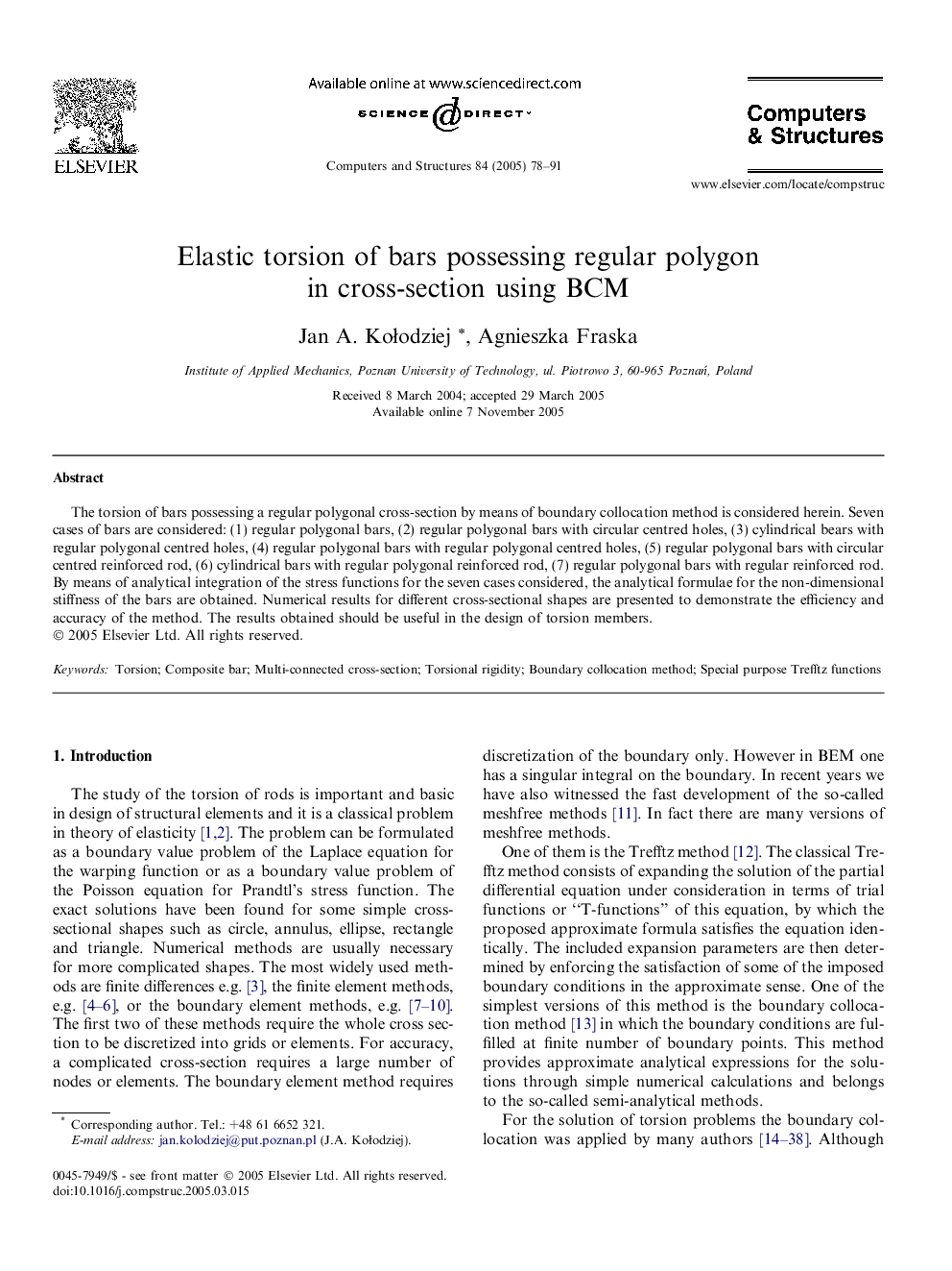 Elastic torsion of bars possessing regular polygon in cross-section using BCM