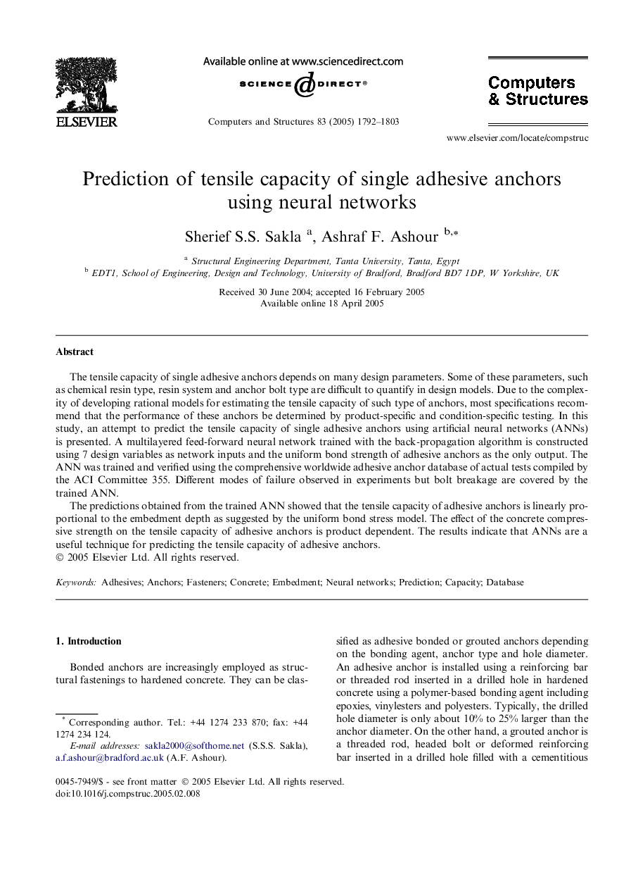 Prediction of tensile capacity of single adhesive anchors using neural networks