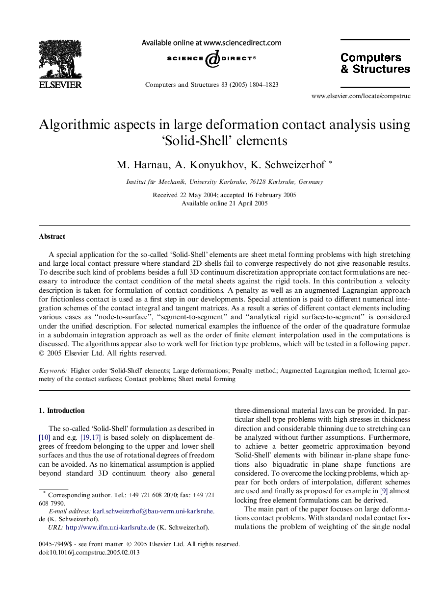 Algorithmic aspects in large deformation contact analysis using 'Solid-Shell' elements