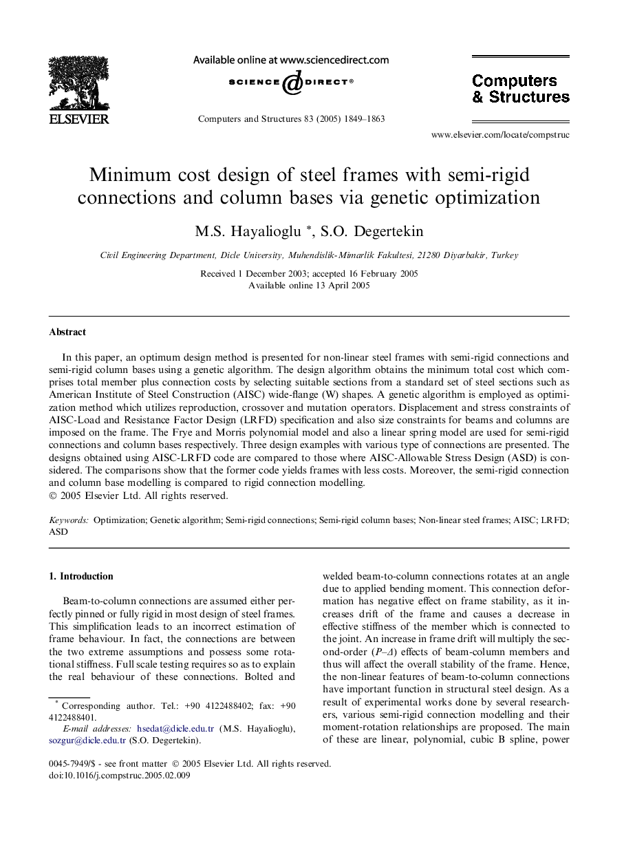 Minimum cost design of steel frames with semi-rigid connections and column bases via genetic optimization