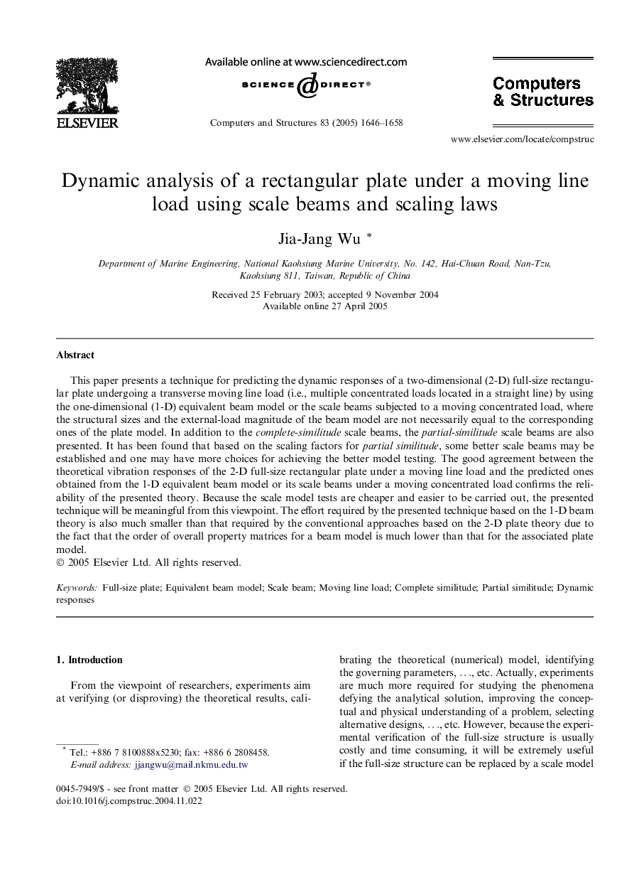 Dynamic analysis of a rectangular plate under a moving line load using scale beams and scaling laws