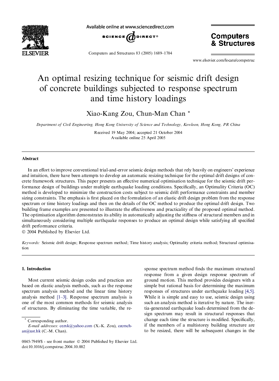 An optimal resizing technique for seismic drift design of concrete buildings subjected to response spectrum and time history loadings