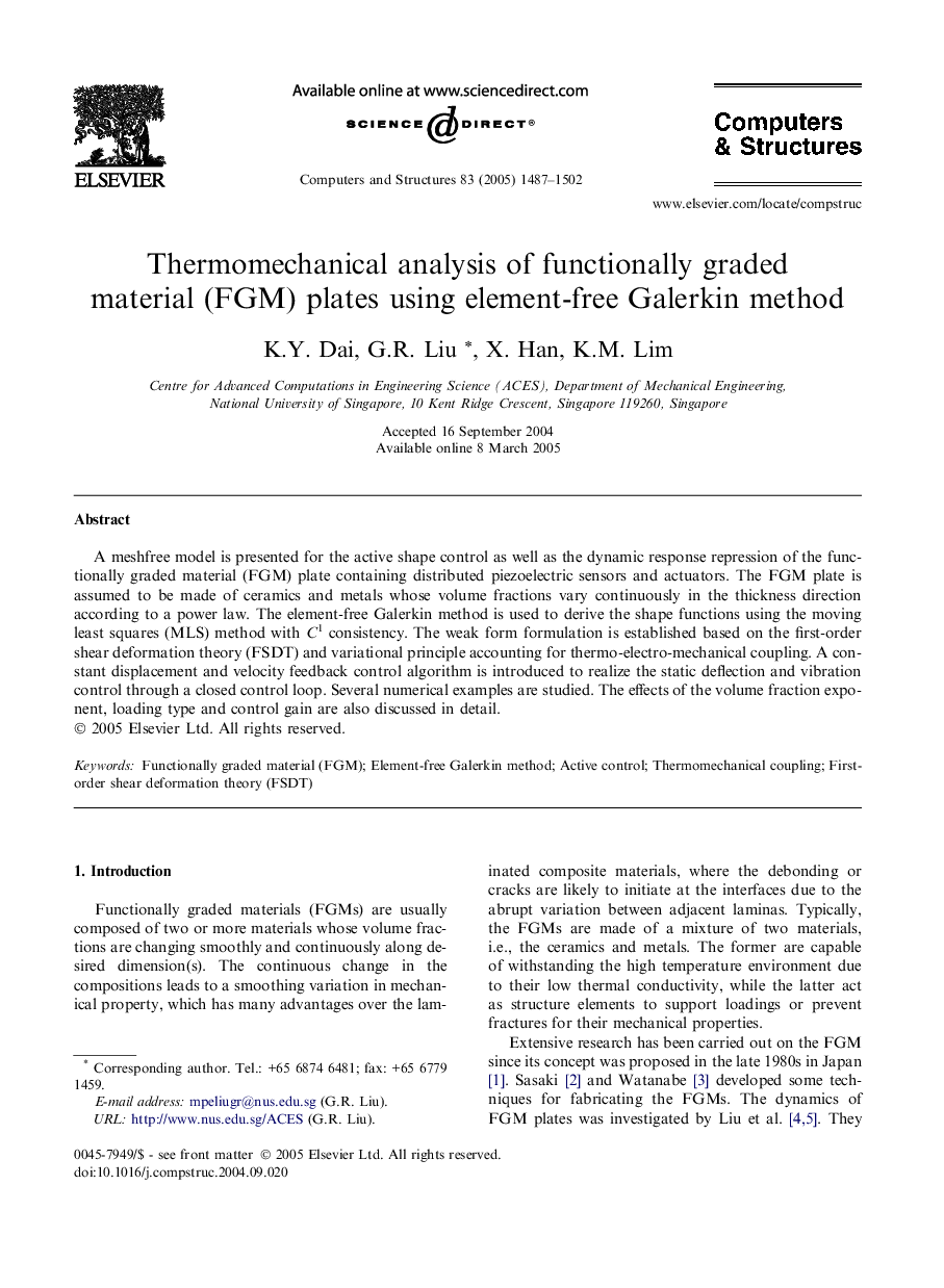 Thermomechanical analysis of functionally graded material (FGM) plates using element-free Galerkin method