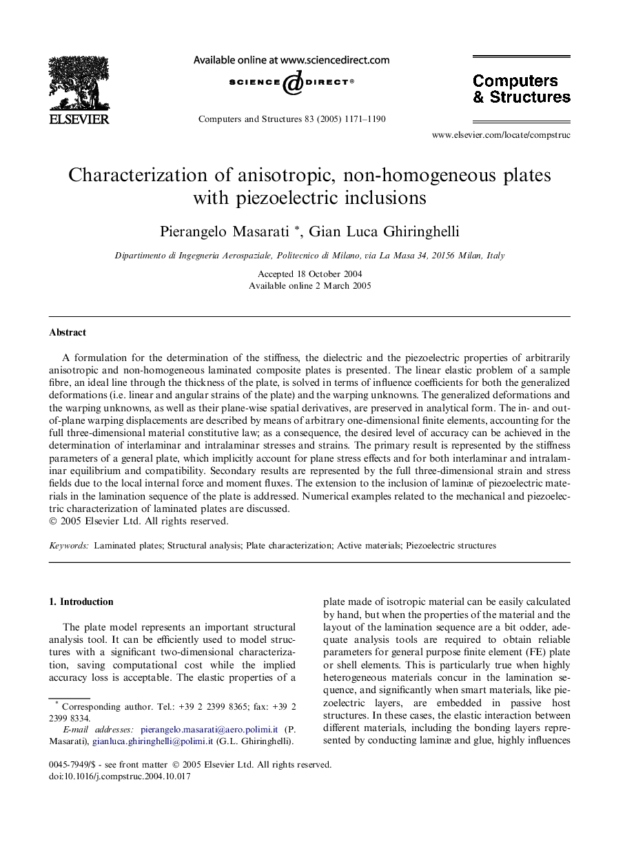 Characterization of anisotropic, non-homogeneous plates with piezoelectric inclusions