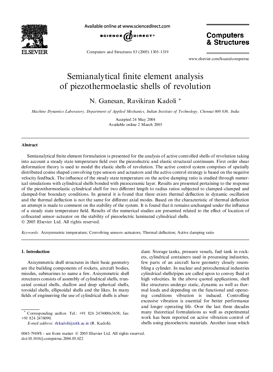 Semianalytical finite element analysis of piezothermoelastic shells of revolution